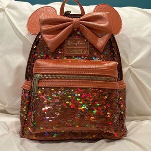 Loungefly X Disney Parks Minnie Mouse Peach Punch Sequin Backpack NWT